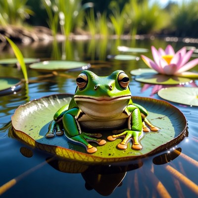 Green frog on lily pad