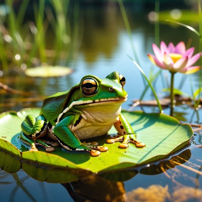 Green frog on lily pad