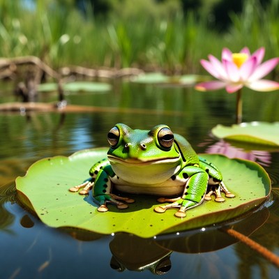 Green frog on lily pad