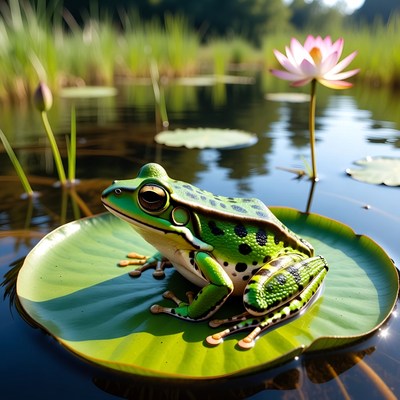 Green frog on lily pad