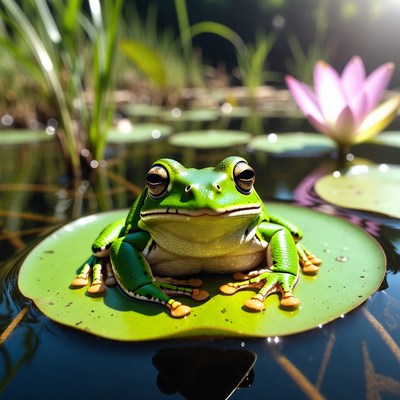 Green frog on lily pad