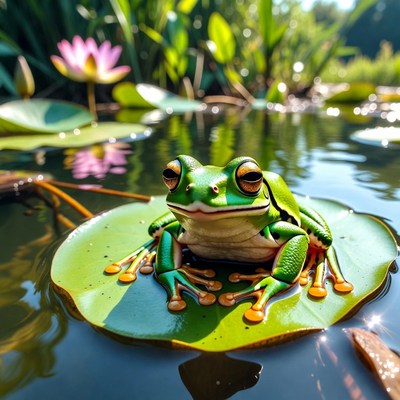 Green tree frog on lily pad