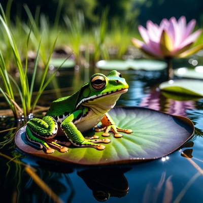 Green frog on lily pad
