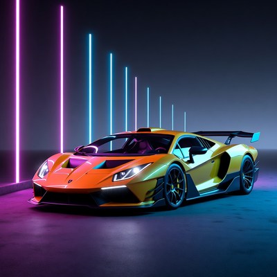 Yellow Lamborghini in Neon Lights