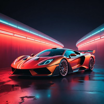 Orange Supercar in Neon Tunnel