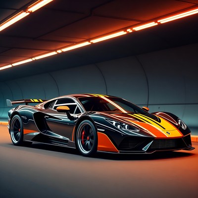 Black Supercar in Neon Tunnel