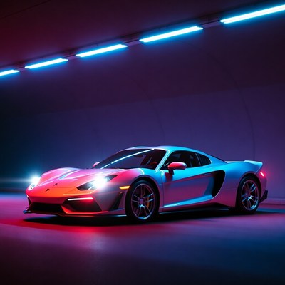 Neon-Lit Supercar in Tunnel