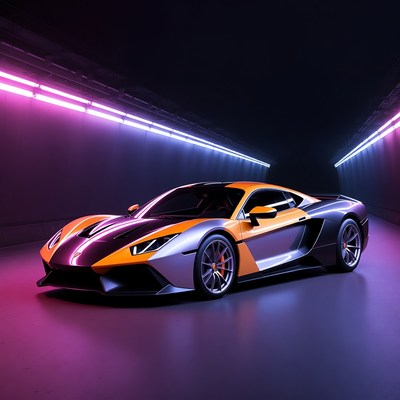Orange Supercar in Neon Tunnel