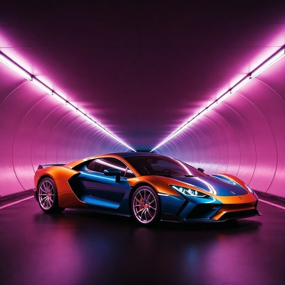 Orange Supercar in Neon Tunnel