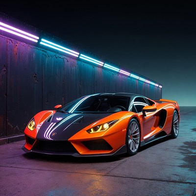 Orange Lamborghini Aventador neon garage