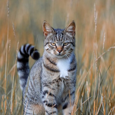 Tabby cat in tall grass