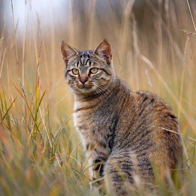 Tabby cat in tall grass