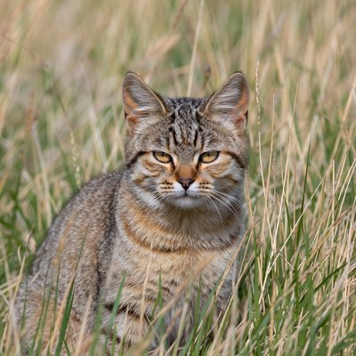 Tabby kitten in tall grass