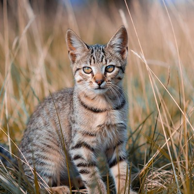 Kitten sitting in tall grass