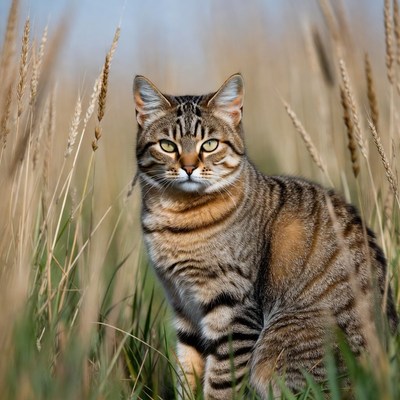 Tabby cat in wheat field