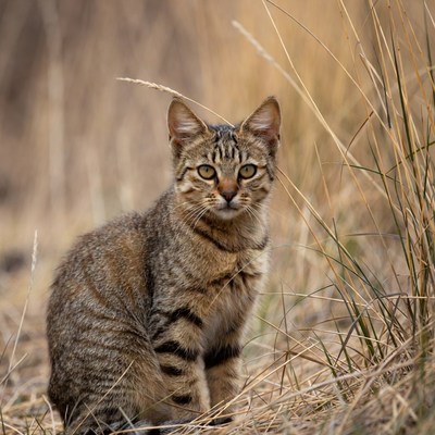 Tabby kitten in tall grass