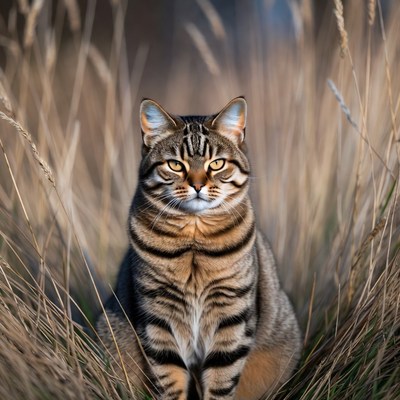 Tabby cat in tall grass