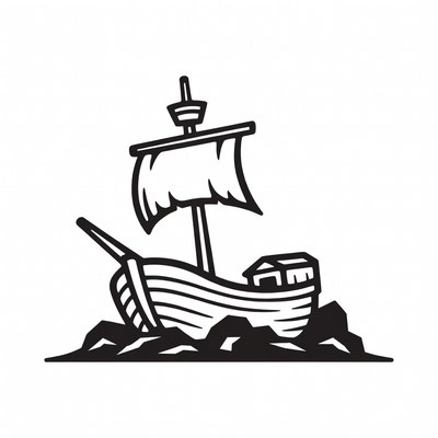 Sailing Ship on Rocks Illustration