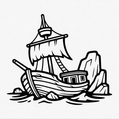 Shipwrecked pirate ship on rocks