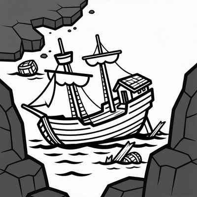 Shipwreck Between Rocks Illustration