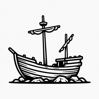 Sailing Ship on Rocks Illustration