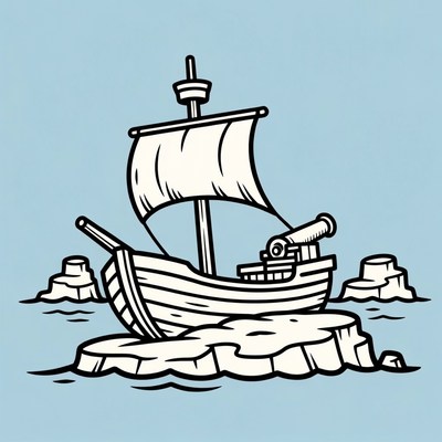 Cartoon pirate ship on iceberg