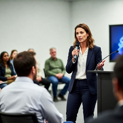 Woman speaking at podium with audience