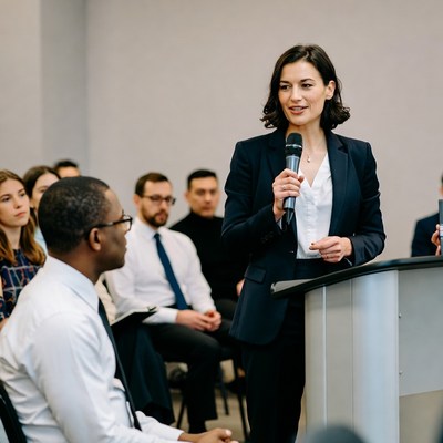 Woman speaking at podium with audience