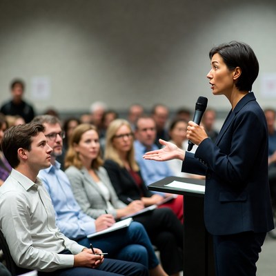 Asian woman speaking at conference podium