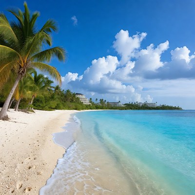 Tropical Beach with Palm Trees and Resort