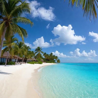 Tropical Beach with Palm Trees and Overwater Villas