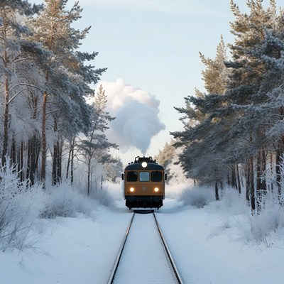 Steam train in snowy forest