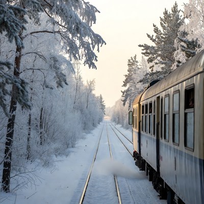 Train on snowy tracks through forest