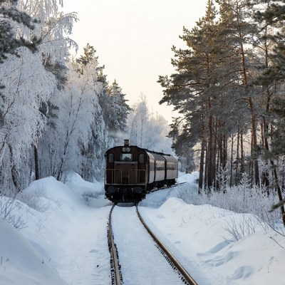 Steam Train in Snowy Forest