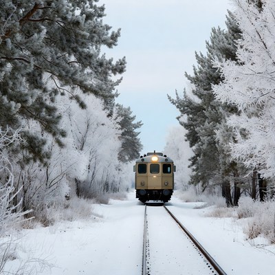 Yellow train snowy pine forest tracks