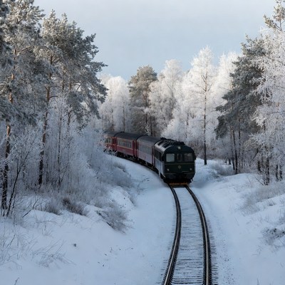 Green Train in Snowy Forest