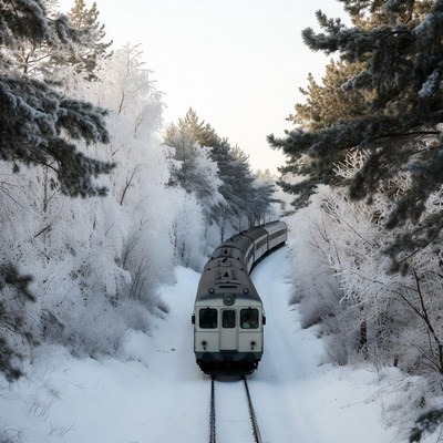 Train in Snowy Pine Forest