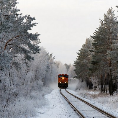 Orange train in snowy pine forest