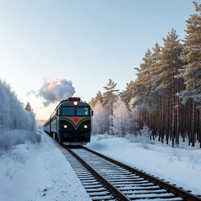 Green Steam Train in Snowy Forest