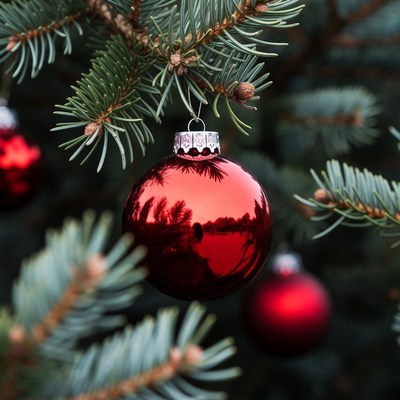 Red Christmas bauble on pine branch