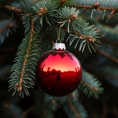 Red Christmas ornament on fir branch