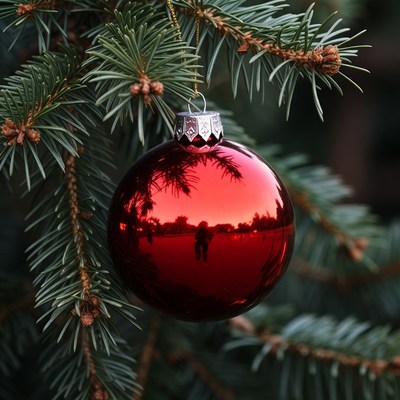 Red Christmas bauble on fir branch