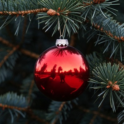 Red Christmas ornament on fir tree