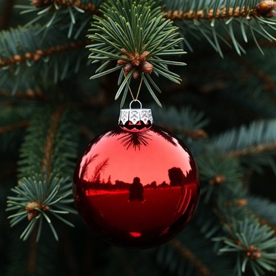Red Christmas ornament on fir tree