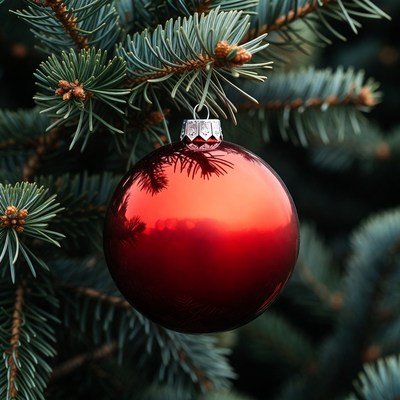 Red Christmas ornament on fir tree