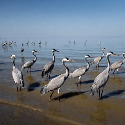 Flock of Grey Herons on Beach