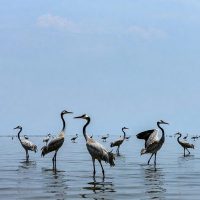 Flock of cranes standing in shallow water