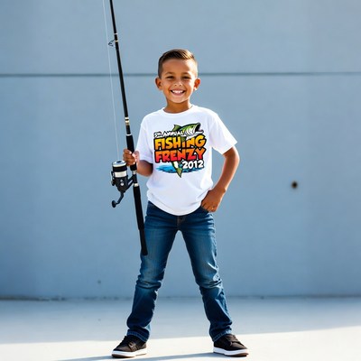 Boy holding fishing rod in Frenzy shirt