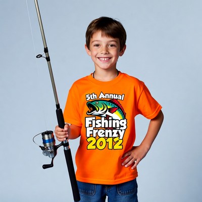 Boy holding fishing rod in orange t-shirt