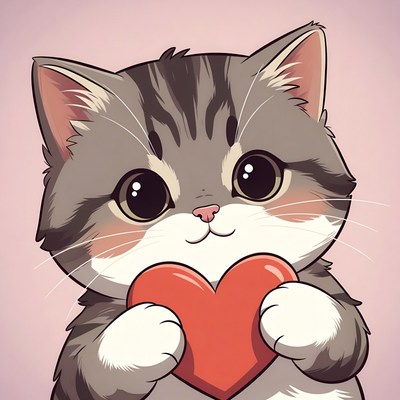 Cute tabby kitten holding heart